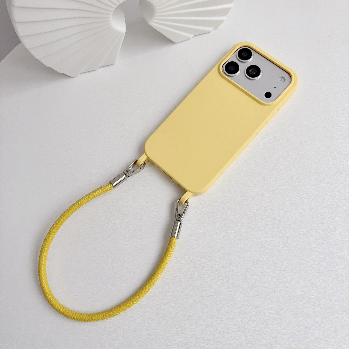 For iPhone 17 Pro Integrated Lanyard Loops Shockproof Silicone Phone Case with Leather Hand Lanyard - Yellow - EDA009745902G