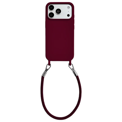 For iPhone 17 Pro Integrated Lanyard Loops Shockproof Silicone Phone Case with Leather Hand Lanyard - Wine Red - EDA009745902H