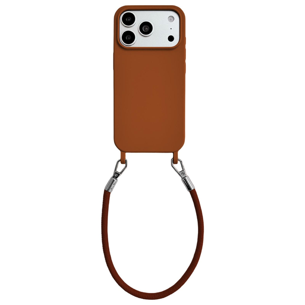 For iPhone 17 Pro Integrated Lanyard Loops Shockproof Silicone Phone Case with Leather Hand Lanyard - Brown - EDA009745902I