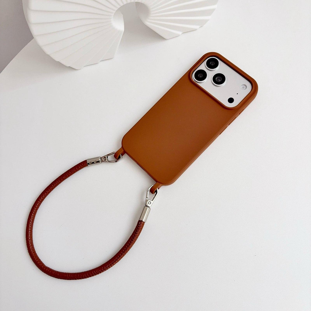 For iPhone 17 Pro Integrated Lanyard Loops Shockproof Silicone Phone Case with Leather Hand Lanyard - Brown - EDA009745902I