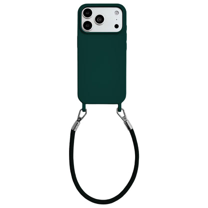 For iPhone 17 Pro Integrated Lanyard Loops Shockproof Silicone Phone Case with Leather Hand Lanyard - Dark Green - EDA009745902M