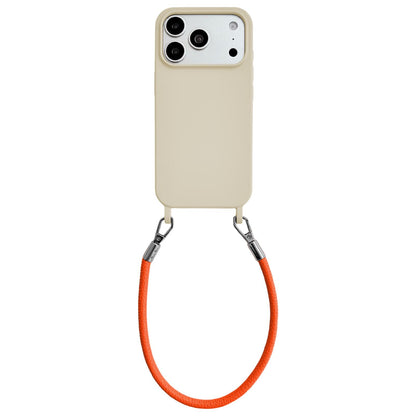 For iPhone 17 Pro Integrated Lanyard Loops Shockproof Silicone Phone Case with Leather Hand Lanyard - Beige + Orange - EDA009745902N