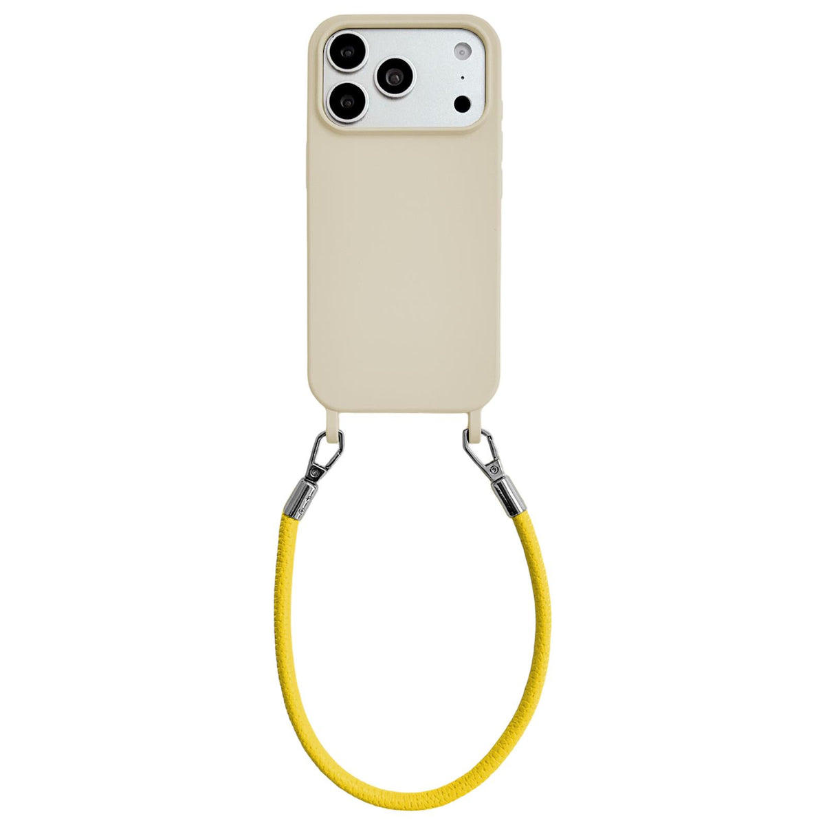 For iPhone 17 Pro Integrated Lanyard Loops Shockproof Silicone Phone Case with Leather Hand Lanyard - Beige + Yellow - EDA009745902O