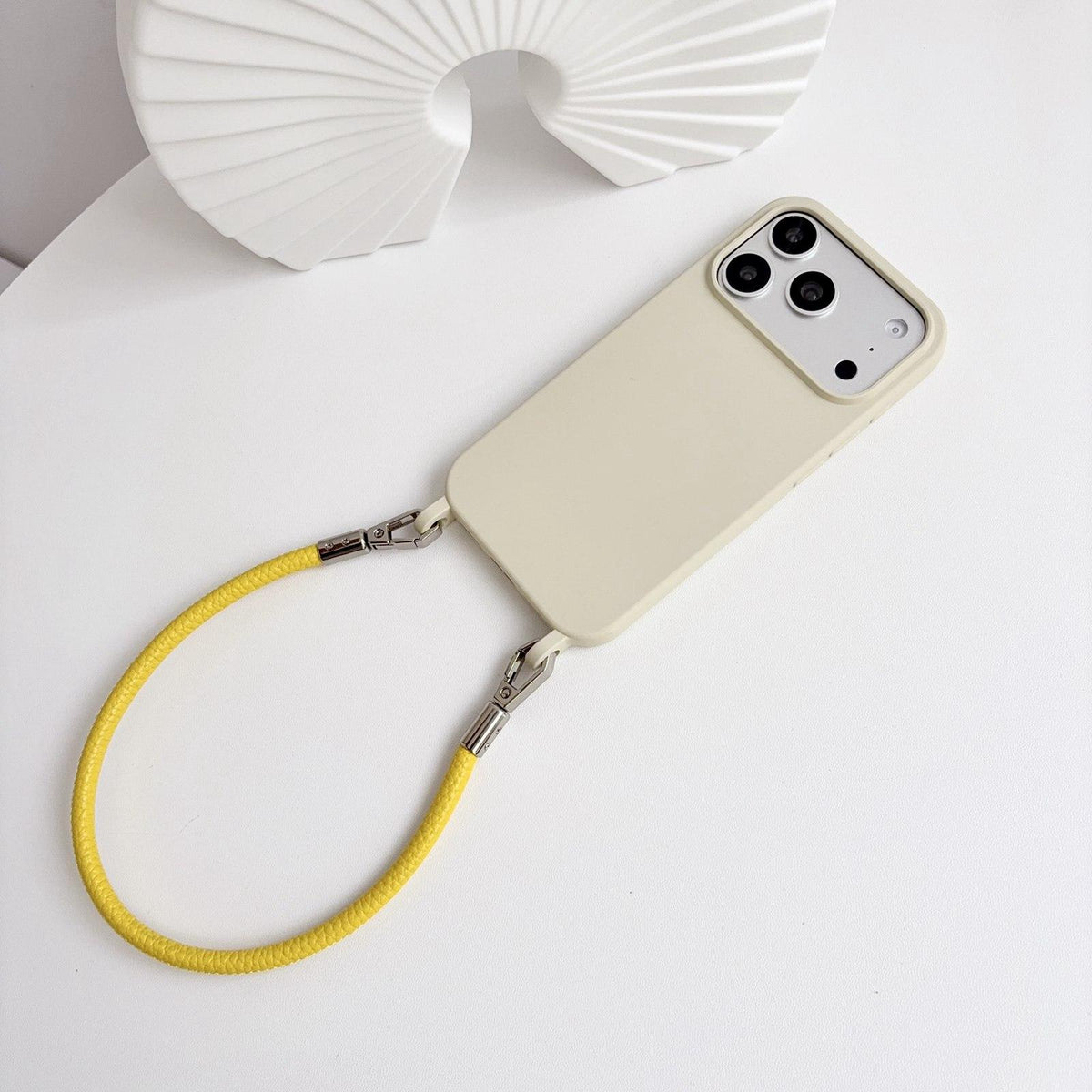 For iPhone 17 Pro Integrated Lanyard Loops Shockproof Silicone Phone Case with Leather Hand Lanyard - Beige + Yellow - EDA009745902O