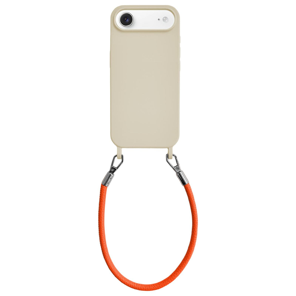 For iPhone Air Integrated Lanyard Loops Shockproof Silicone Phone Case with Leather Hand Lanyard - Beige + Orange - EDA009745904N