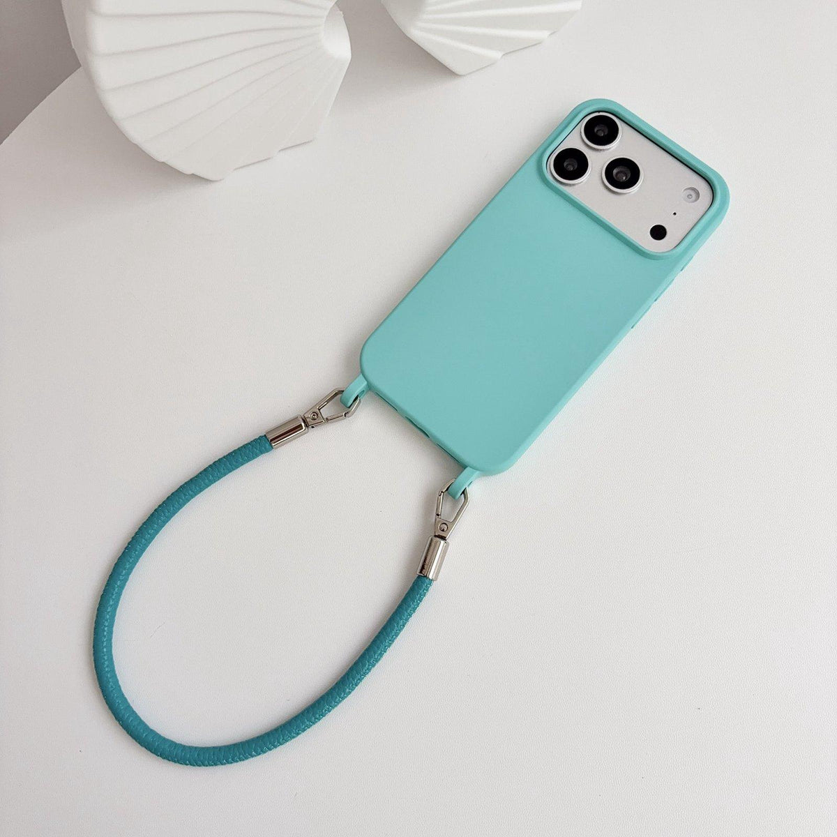 For iPhone 16 Pro Max Integrated Lanyard Loops Shockproof Silicone Phone Case with Leather Hand Lanyard - Light Blue - EDA009745905B