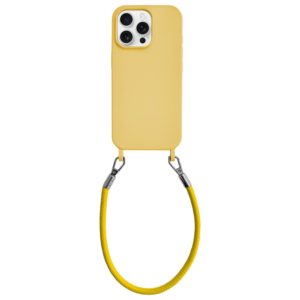 For iPhone 16 Pro Max Integrated Lanyard Loops Shockproof Silicone Phone Case with Leather Hand Lanyard - Yellow - EDA009745905G