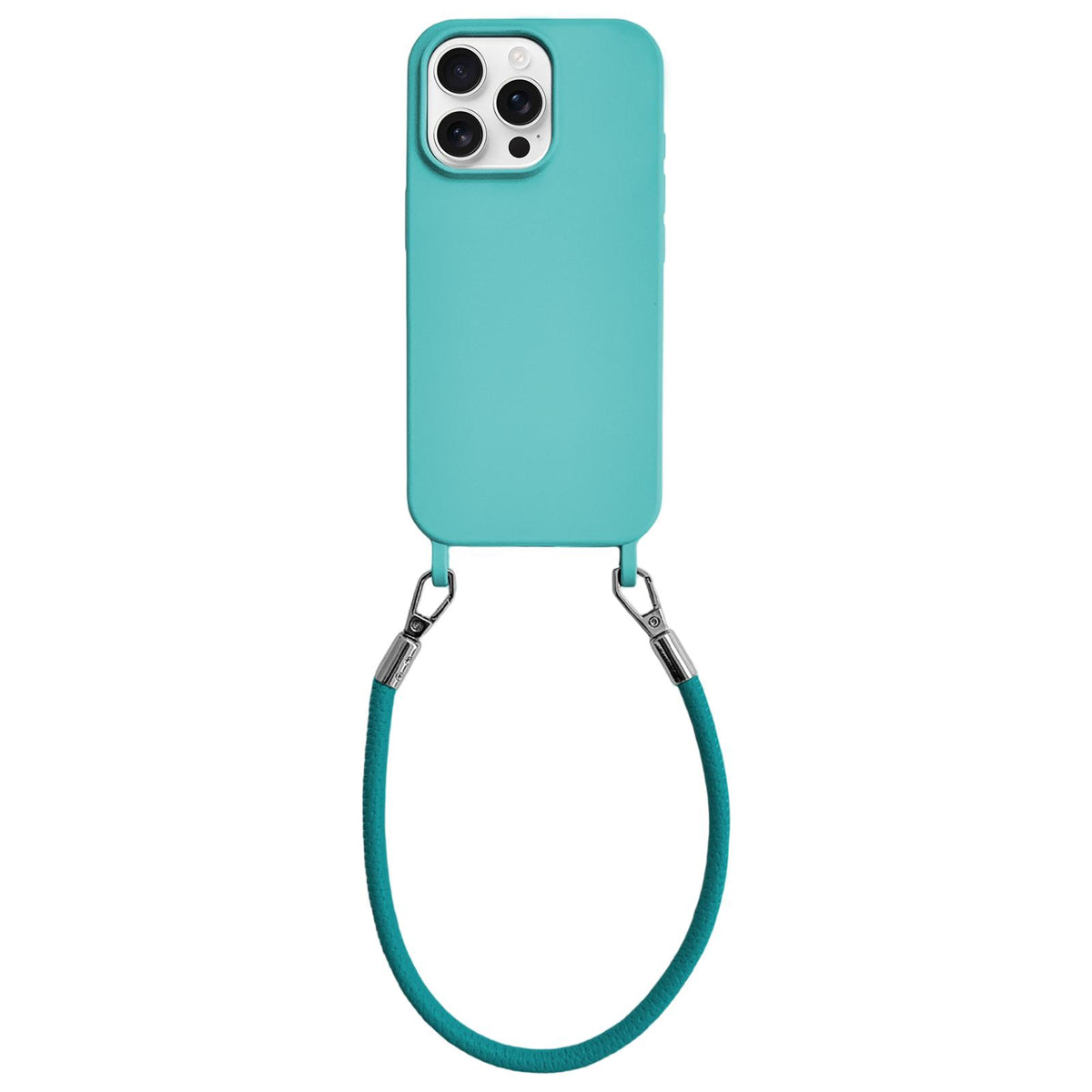 For iPhone 16 Pro Integrated Lanyard Loops Shockproof Silicone Phone Case with Leather Hand Lanyard - Light Blue - EDA009745906B