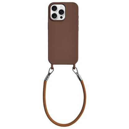 For iPhone 16 Pro Integrated Lanyard Loops Shockproof Silicone Phone Case with Leather Hand Lanyard - Coffee - EDA009745906C