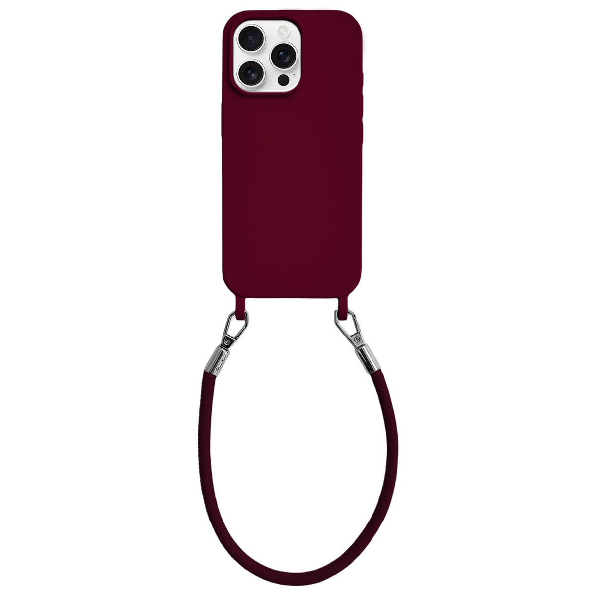 For iPhone 16 Pro Integrated Lanyard Loops Shockproof Silicone Phone Case with Leather Hand Lanyard - Wine Red - EDA009745906H
