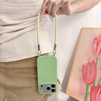 For iPhone 16 Pro Integrated Lanyard Loops Shockproof Silicone Phone Case with Leather Hand Lanyard - Green - EDA009745906J