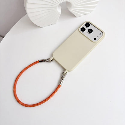 For iPhone 16 Pro Integrated Lanyard Loops Shockproof Silicone Phone Case with Leather Hand Lanyard - Beige + Orange - EDA009745906N