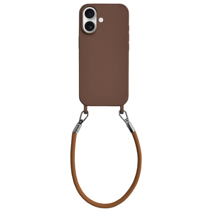 For iPhone 16 Plus Integrated Lanyard Loops Shockproof Silicone Phone Case with Leather Hand Lanyard - Coffee - EDA009745907C