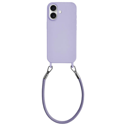 For iPhone 16 Plus Integrated Lanyard Loops Shockproof Silicone Phone Case with Leather Hand Lanyard - Purple - EDA009745907D