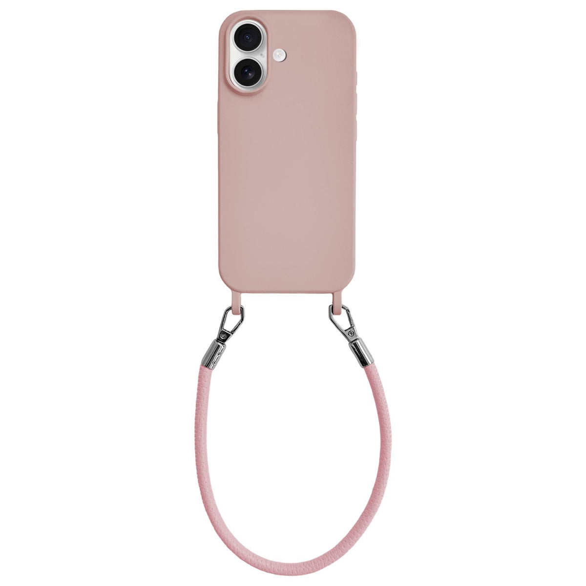 For iPhone 16 Plus Integrated Lanyard Loops Shockproof Silicone Phone Case with Leather Hand Lanyard - Pink - EDA009745907E