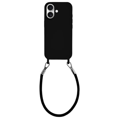 For iPhone 16 Plus Integrated Lanyard Loops Shockproof Silicone Phone Case with Leather Hand Lanyard - Black - EDA009745907F