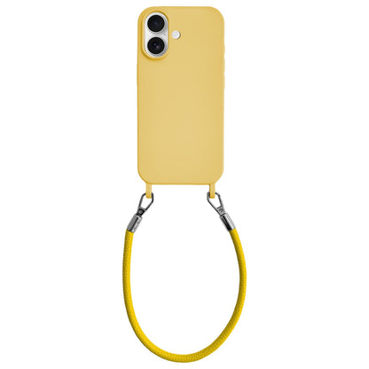For iPhone 16 Plus Integrated Lanyard Loops Shockproof Silicone Phone Case with Leather Hand Lanyard - Yellow - EDA009745907G