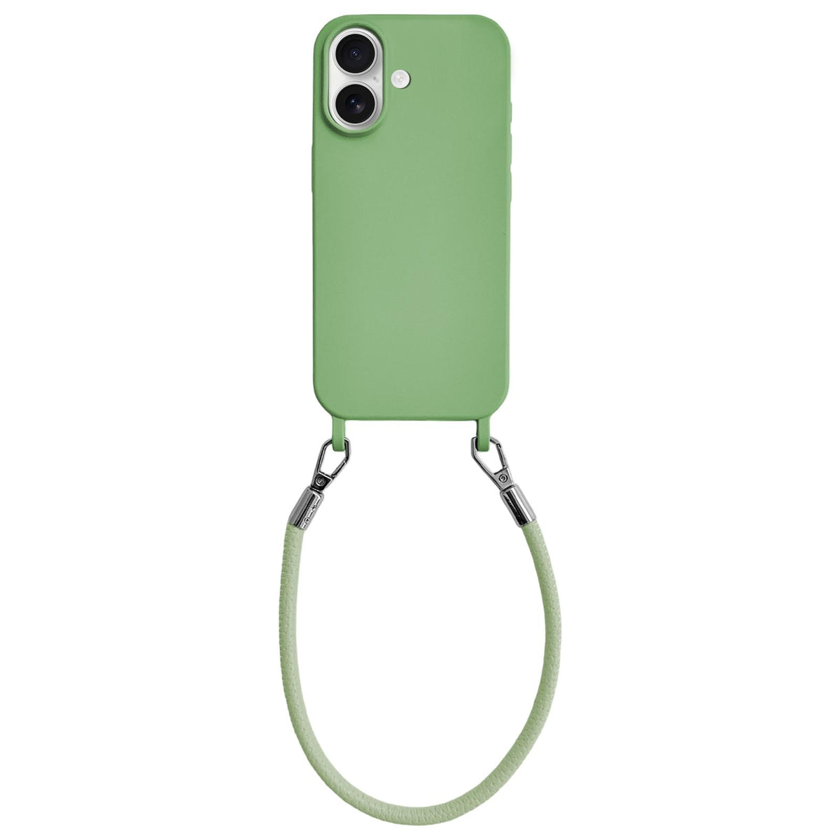 For iPhone 16 Plus Integrated Lanyard Loops Shockproof Silicone Phone Case with Leather Hand Lanyard - Green - EDA009745907J