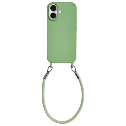 For iPhone 16 Plus Integrated Lanyard Loops Shockproof Silicone Phone Case with Leather Hand Lanyard - Green - EDA009745907J