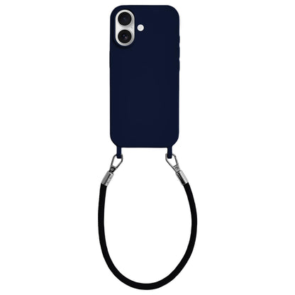 For iPhone 16 Plus Integrated Lanyard Loops Shockproof Silicone Phone Case with Leather Hand Lanyard - Dark Blue - EDA009745907L