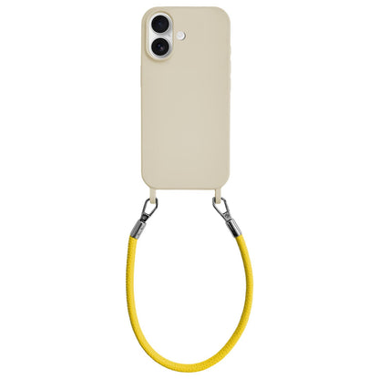 For iPhone 16 Plus Integrated Lanyard Loops Shockproof Silicone Phone Case with Leather Hand Lanyard - Beige + Yellow - EDA009745907O