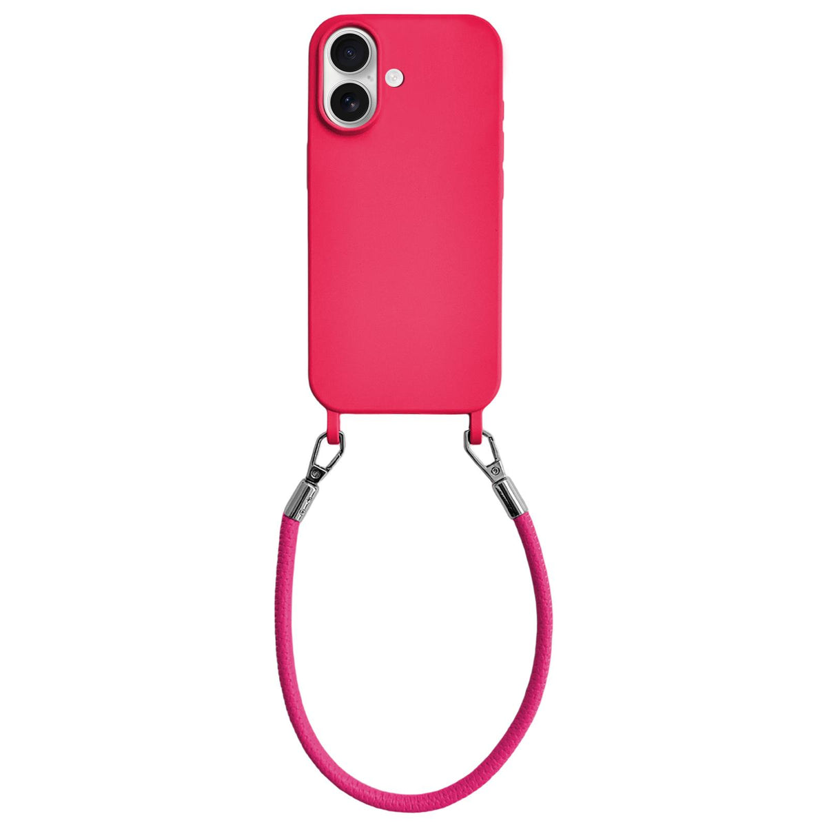 For iPhone 16 Integrated Lanyard Loops Shockproof Silicone Phone Case with Leather Hand Lanyard - Red - EDA009745908A