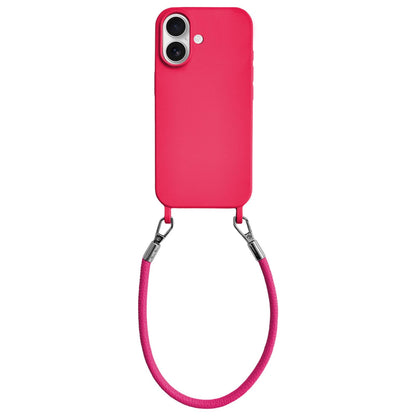 For iPhone 16 Integrated Lanyard Loops Shockproof Silicone Phone Case with Leather Hand Lanyard - Red - EDA009745908A
