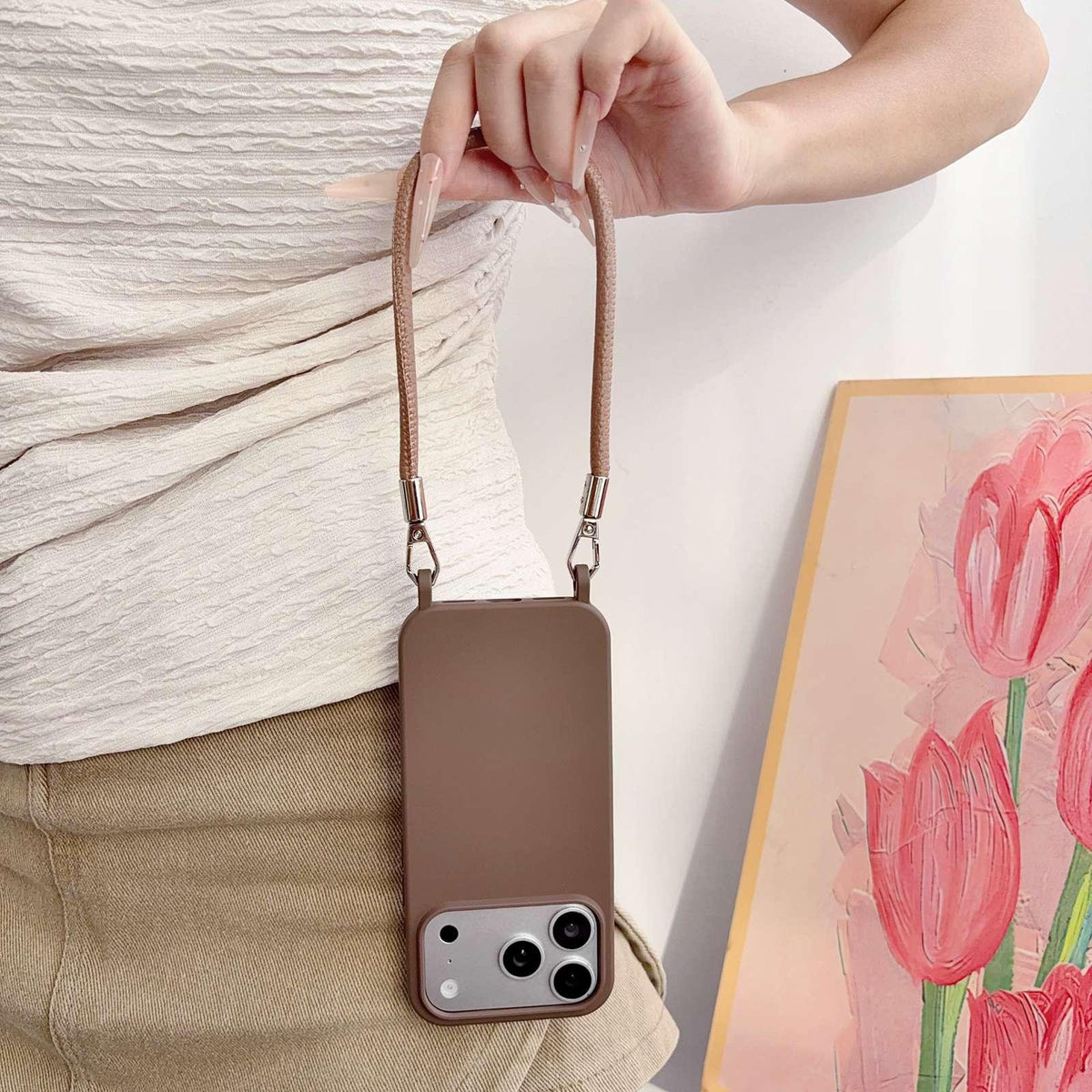 For iPhone 16 Integrated Lanyard Loops Shockproof Silicone Phone Case with Leather Hand Lanyard - Coffee - EDA009745908C