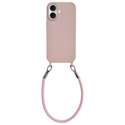 For iPhone 16 Integrated Lanyard Loops Shockproof Silicone Phone Case with Leather Hand Lanyard - Pink - EDA009745908E
