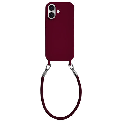 For iPhone 16 Integrated Lanyard Loops Shockproof Silicone Phone Case with Leather Hand Lanyard - Wine Red - EDA009745908H