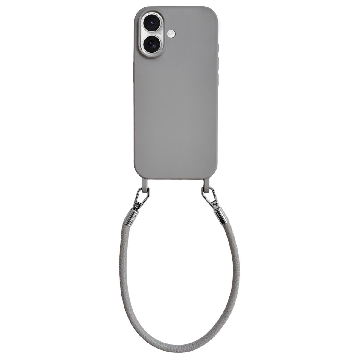 For iPhone 16 Integrated Lanyard Loops Shockproof Silicone Phone Case with Leather Hand Lanyard - Gray - EDA009745908K