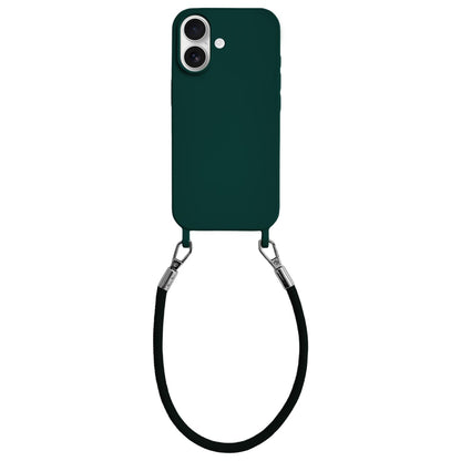 For iPhone 16 Integrated Lanyard Loops Shockproof Silicone Phone Case with Leather Hand Lanyard - Dark Green - EDA009745908M
