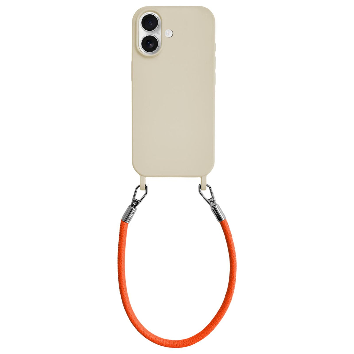 For iPhone 16 Integrated Lanyard Loops Shockproof Silicone Phone Case with Leather Hand Lanyard - Beige + Orange - EDA009745908N