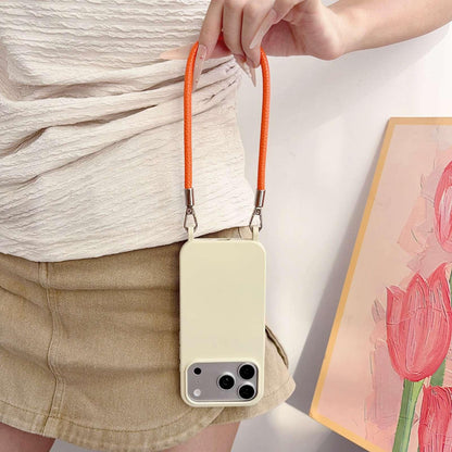 For iPhone 16 Integrated Lanyard Loops Shockproof Silicone Phone Case with Leather Hand Lanyard - Beige + Orange - EDA009745908N
