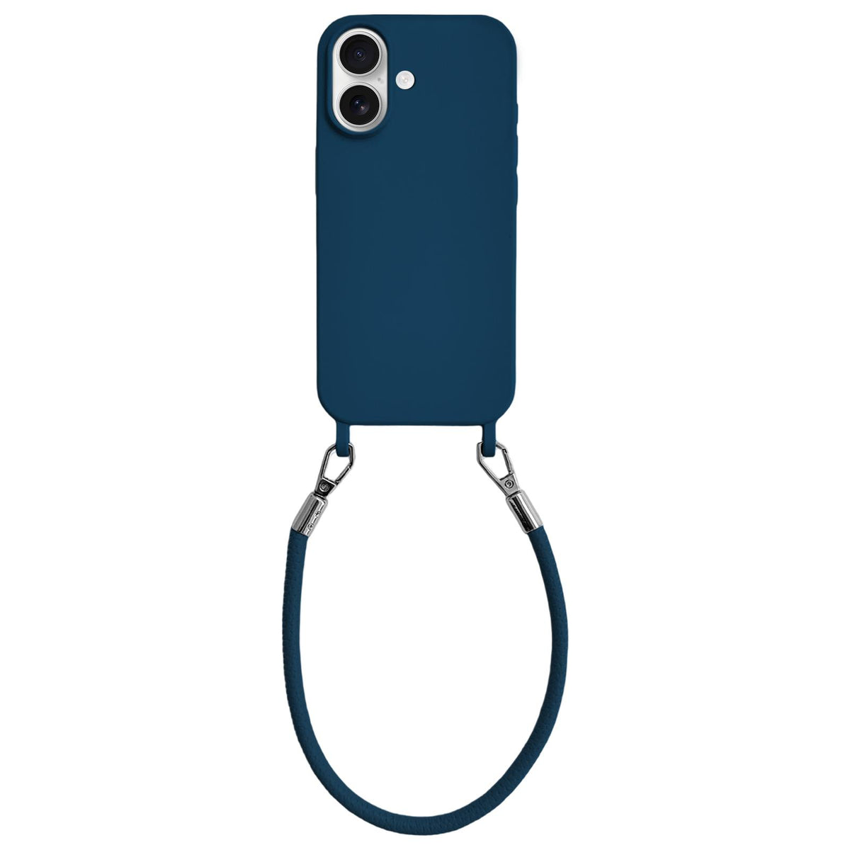 For iPhone 16 Integrated Lanyard Loops Shockproof Silicone Phone Case with Leather Hand Lanyard - Blue - EDA009745908P