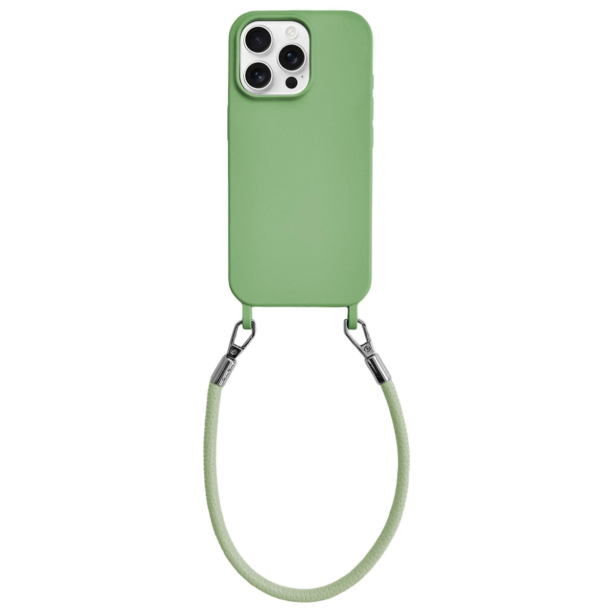 For iPhone 15 Pro Max Integrated Lanyard Loops Shockproof Silicone Phone Case with Leather Hand Lanyard - Green - EDA009745909J