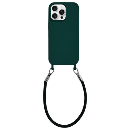 For iPhone 15 Pro Max Integrated Lanyard Loops Shockproof Silicone Phone Case with Leather Hand Lanyard - Dark Green - EDA009745909M