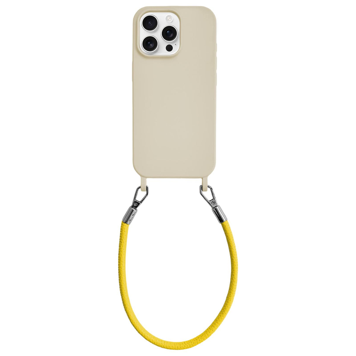 For iPhone 15 Pro Max Integrated Lanyard Loops Shockproof Silicone Phone Case with Leather Hand Lanyard - Beige + Yellow - EDA009745909O