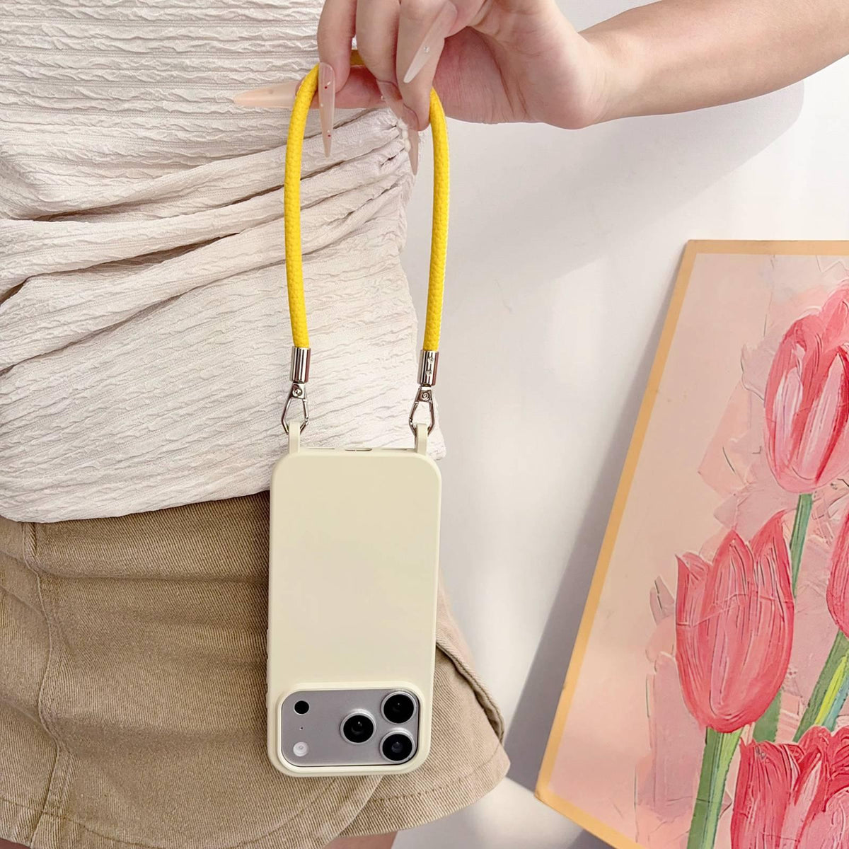 For iPhone 15 Pro Max Integrated Lanyard Loops Shockproof Silicone Phone Case with Leather Hand Lanyard - Beige + Yellow - EDA009745909O