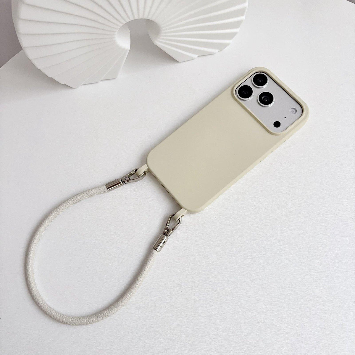 For iPhone 15 Pro Max Integrated Lanyard Loops Shockproof Silicone Phone Case with Leather Hand Lanyard - Beige - EDA009745909Q