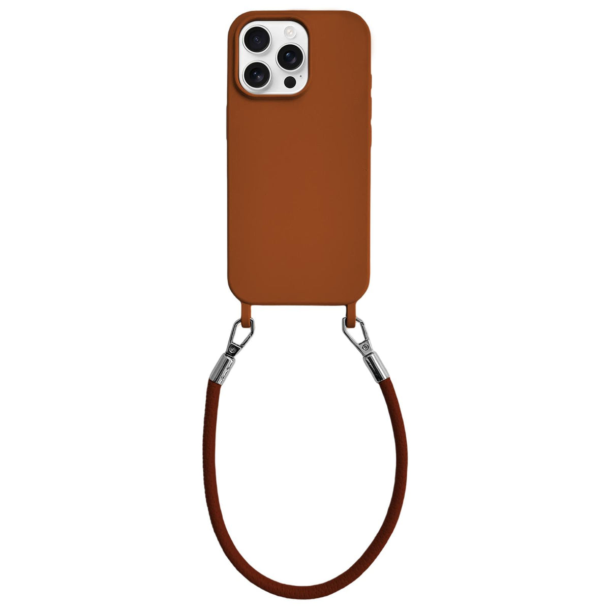 For iPhone 15 Pro Integrated Lanyard Loops Shockproof Silicone Phone Case with Leather Hand Lanyard - Brown - EDA009745910I