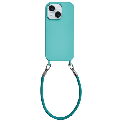 For iPhone 15 Plus Integrated Lanyard Loops Shockproof Silicone Phone Case with Leather Hand Lanyard - Light Blue - EDA009745911B