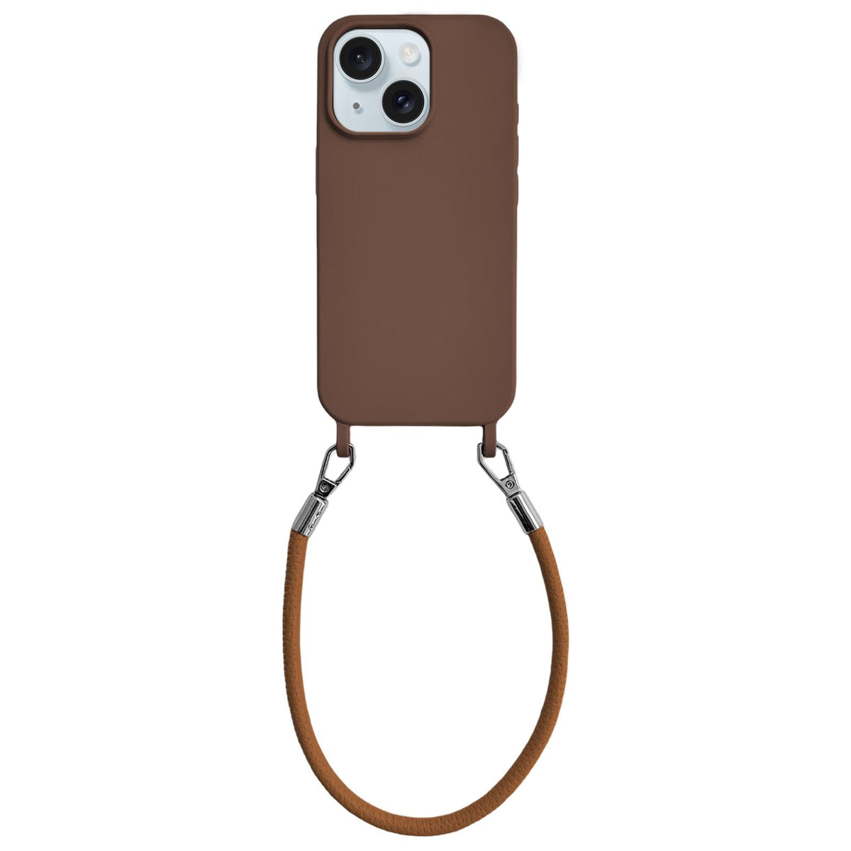 For iPhone 15 Plus Integrated Lanyard Loops Shockproof Silicone Phone Case with Leather Hand Lanyard - Coffee - EDA009745911C