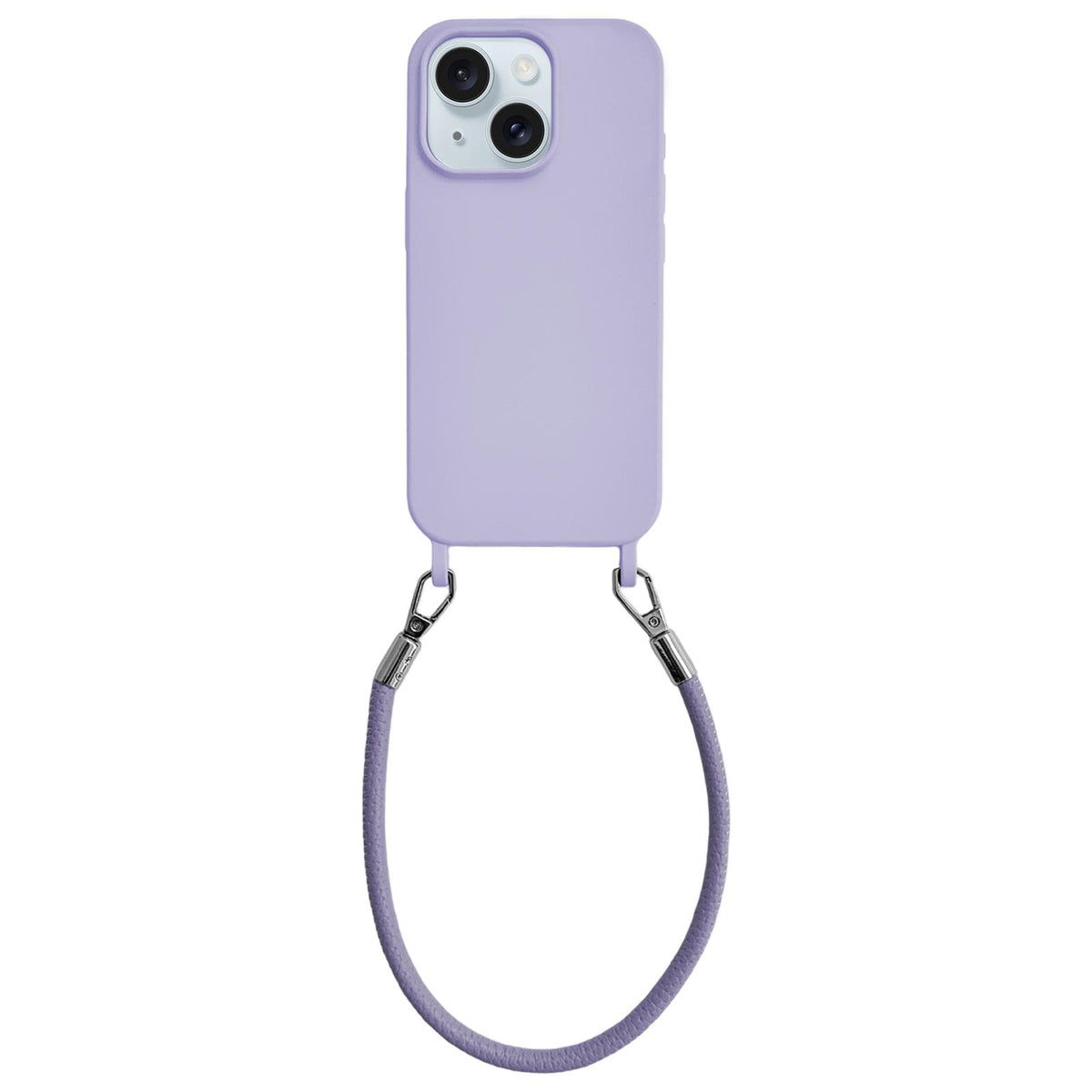 For iPhone 15 Plus Integrated Lanyard Loops Shockproof Silicone Phone Case with Leather Hand Lanyard - Purple - EDA009745911D