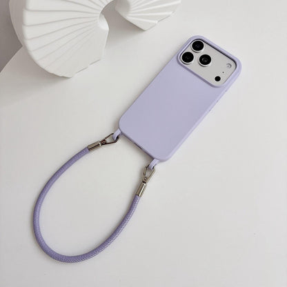 For iPhone 15 Plus Integrated Lanyard Loops Shockproof Silicone Phone Case with Leather Hand Lanyard - Purple - EDA009745911D