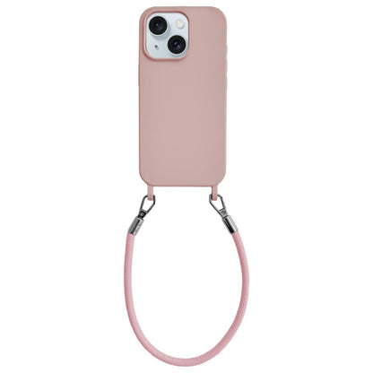 For iPhone 15 Plus Integrated Lanyard Loops Shockproof Silicone Phone Case with Leather Hand Lanyard - Pink - EDA009745911E