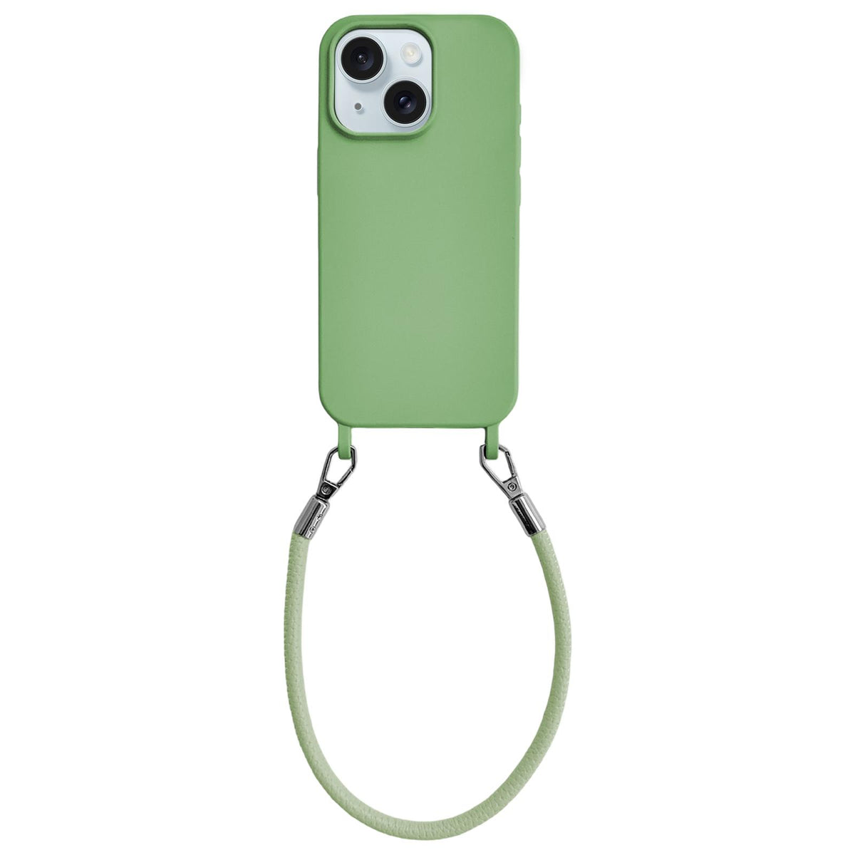 For iPhone 15 Plus Integrated Lanyard Loops Shockproof Silicone Phone Case with Leather Hand Lanyard - Green - EDA009745911J