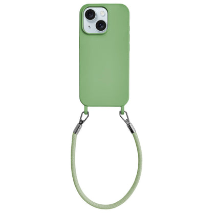 For iPhone 15 Plus Integrated Lanyard Loops Shockproof Silicone Phone Case with Leather Hand Lanyard - Green - EDA009745911J