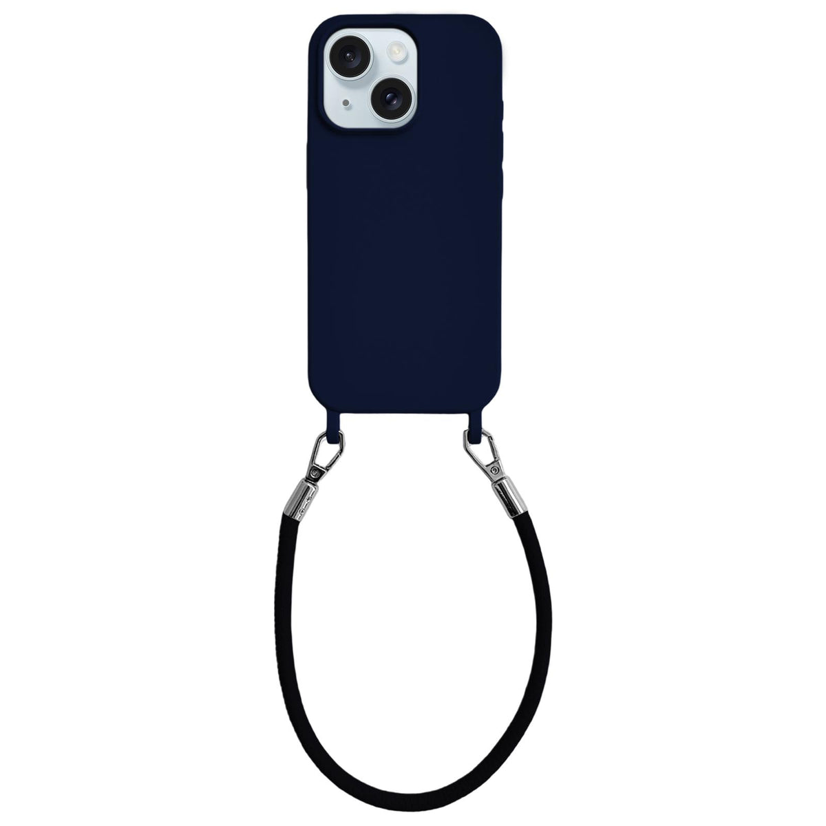 For iPhone 15 Plus Integrated Lanyard Loops Shockproof Silicone Phone Case with Leather Hand Lanyard - Dark Blue - EDA009745911L