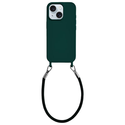 For iPhone 15 Plus Integrated Lanyard Loops Shockproof Silicone Phone Case with Leather Hand Lanyard - Dark Green - EDA009745911M